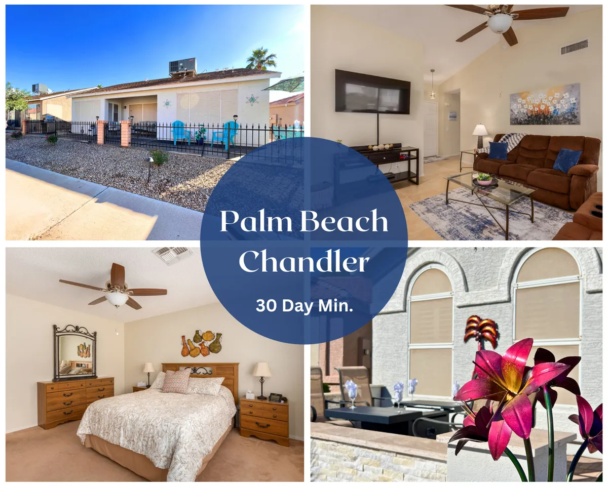 The image showcases the inviting exterior of a single-family house in a sunny Chandler, Arizona community. The photo captures lush landscaping, a welcoming entryway, glimpses of a stylish interior living area through large windows, and a well-appointed outdoor seating area perfect for relaxing or socializing. The setting is warm, peaceful, and ideal for enjoying Arizona’s beautiful weather.